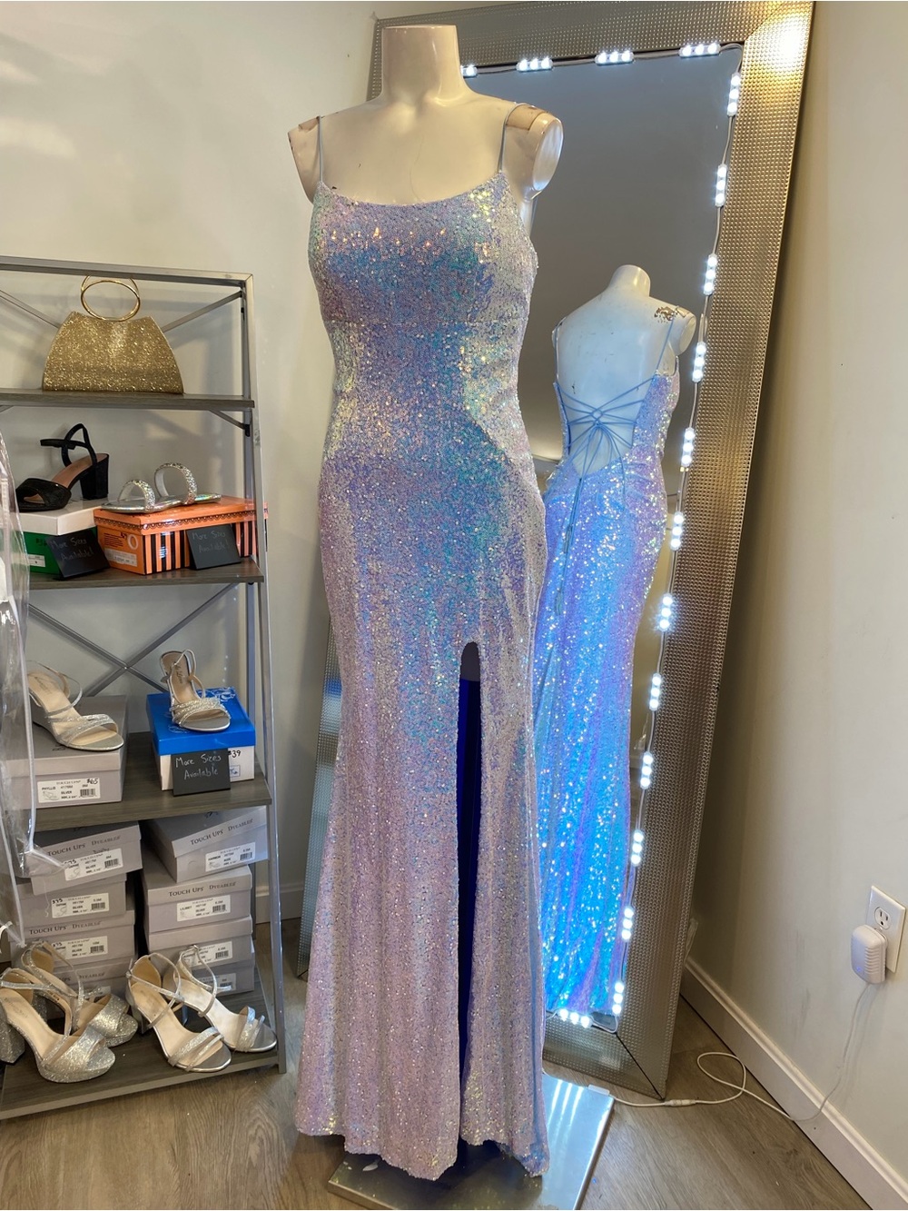 Rachel Allan Iridescent Sequin Evening Gown in Powder Blue